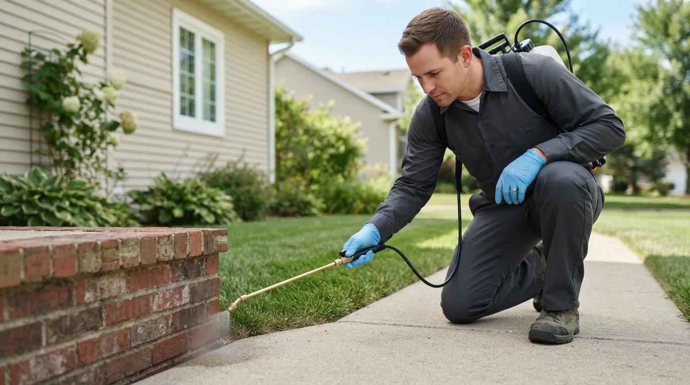 Pest control technician treating a home near Lima, IL