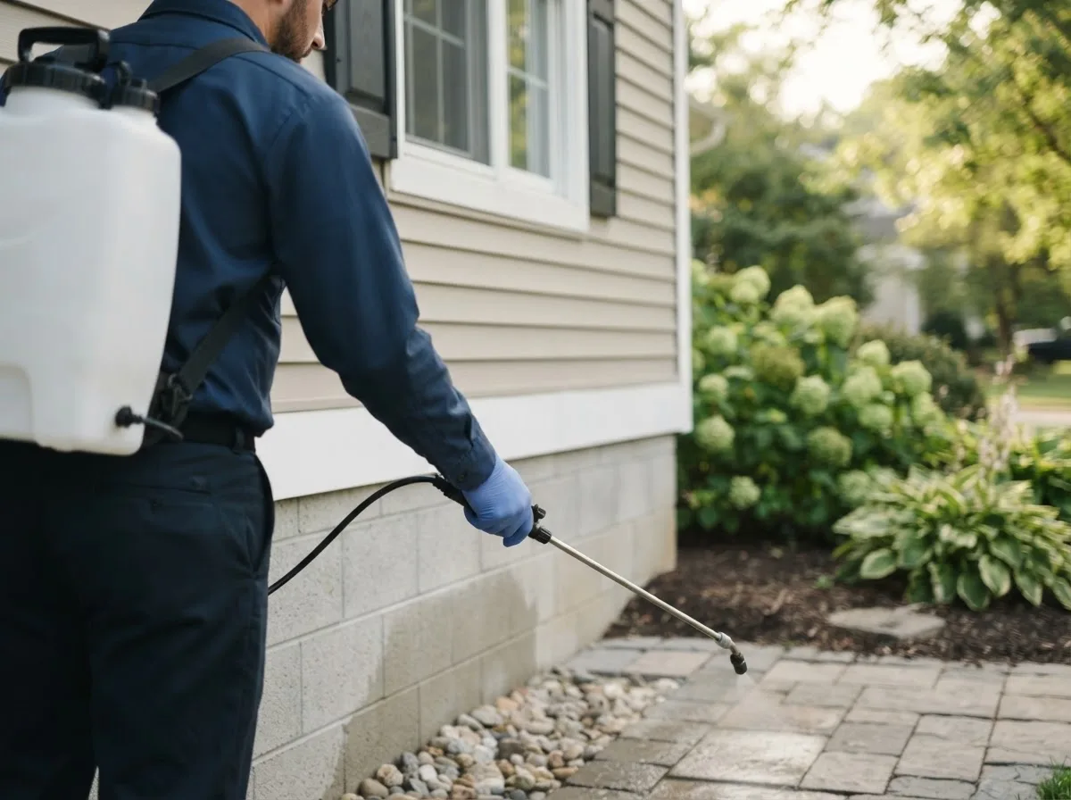 Pest control technician inspecting a home in Lima, IL